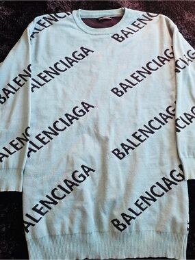 Balenciaga Teal Logo-Print Knit Pullover